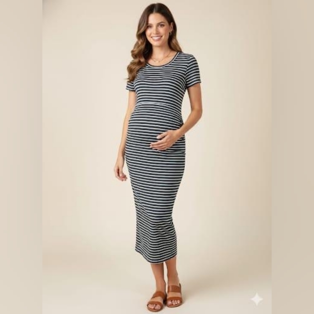 Time and Tru Black and White Striped Midi Dress